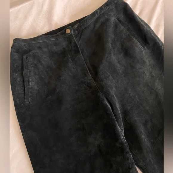 Women Black wide leg suede pants, Handmade sz 8-10, relaxed fit, front pockets - Picture 8 of 9